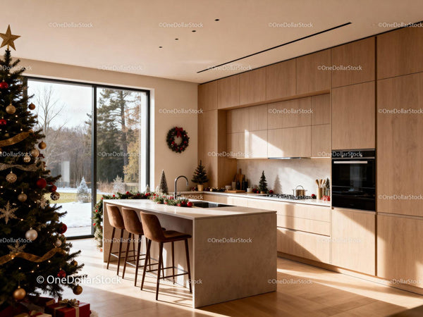 Modern kitchen with Christmas decor and natural light
