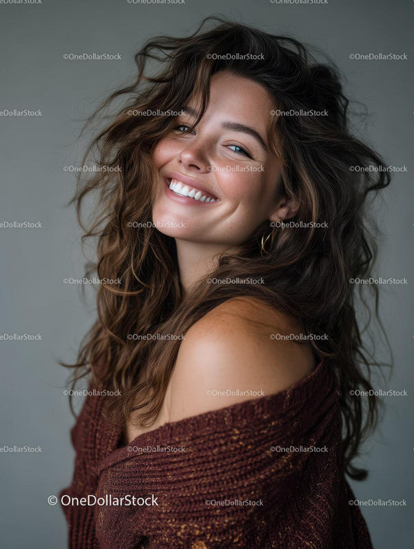 Joyful Woman with Curly Hair and Bright Smile
