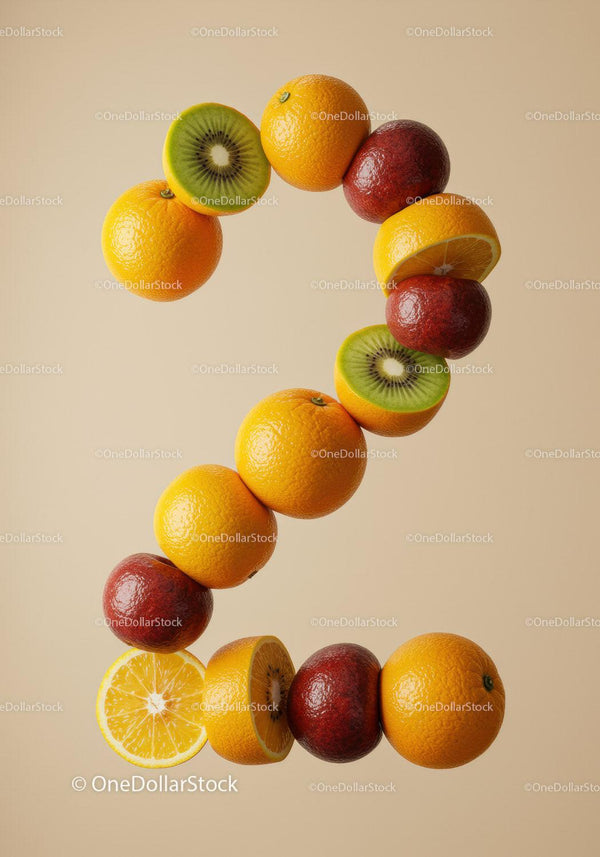Number Two Composed of Fresh Oranges, Kiwis, and Blood Oranges