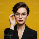 Portrait of a Confident Woman with Short Hair and Glasses Against Yellow Background