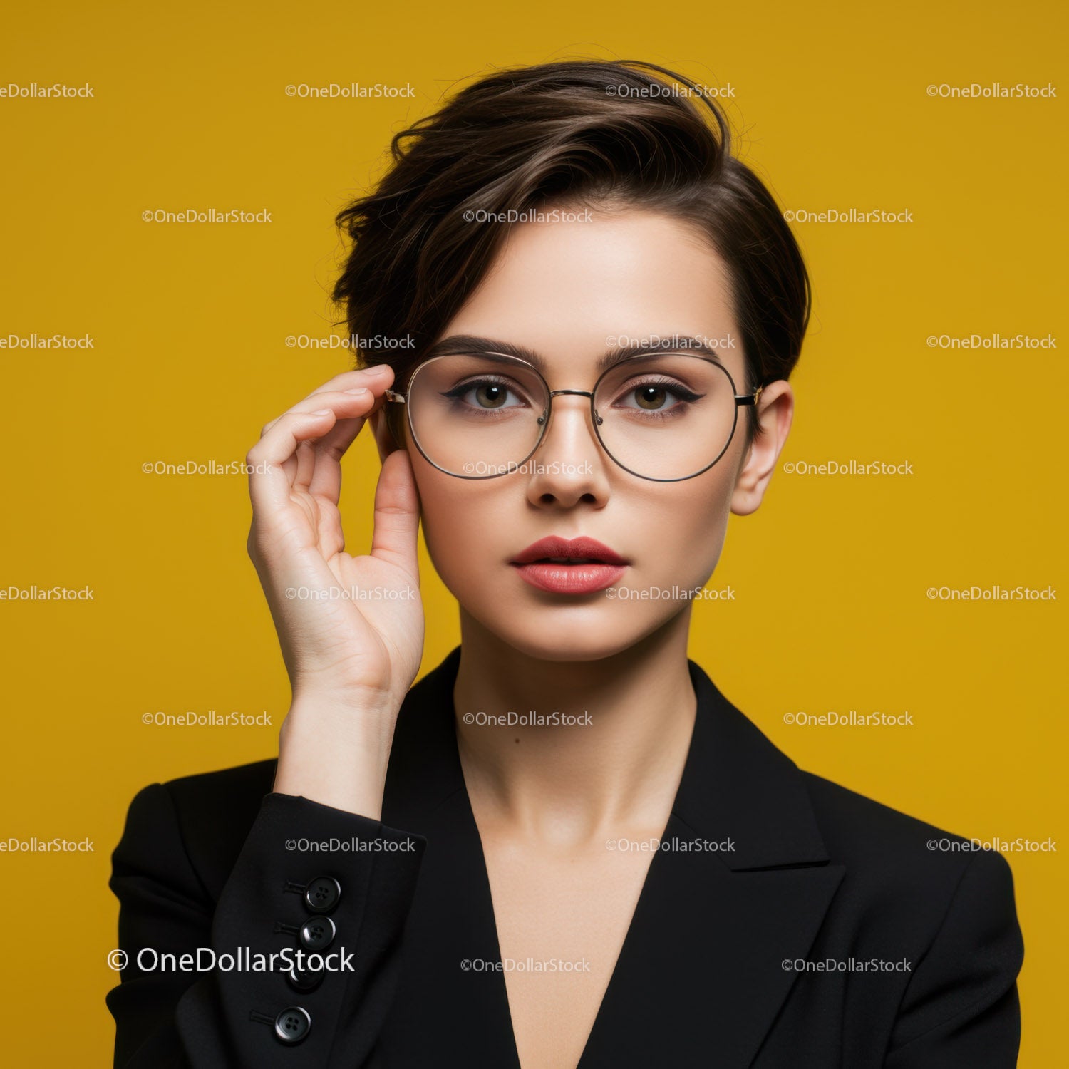 Portrait of a Confident Woman with Short Hair and Glasses Against Yellow Background