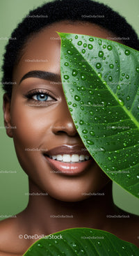 Close-up of Woman with Blue Eye and Large Green Leaf with Water Droplets