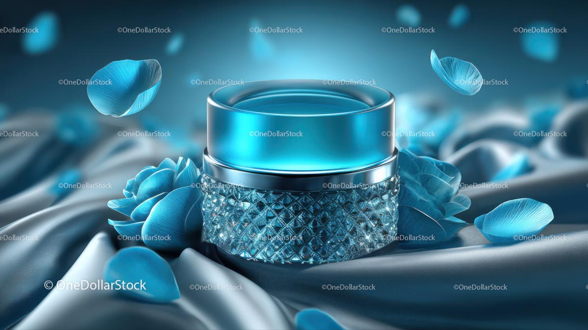Elegant Blue Cosmetic Jar Among Delicate Petals