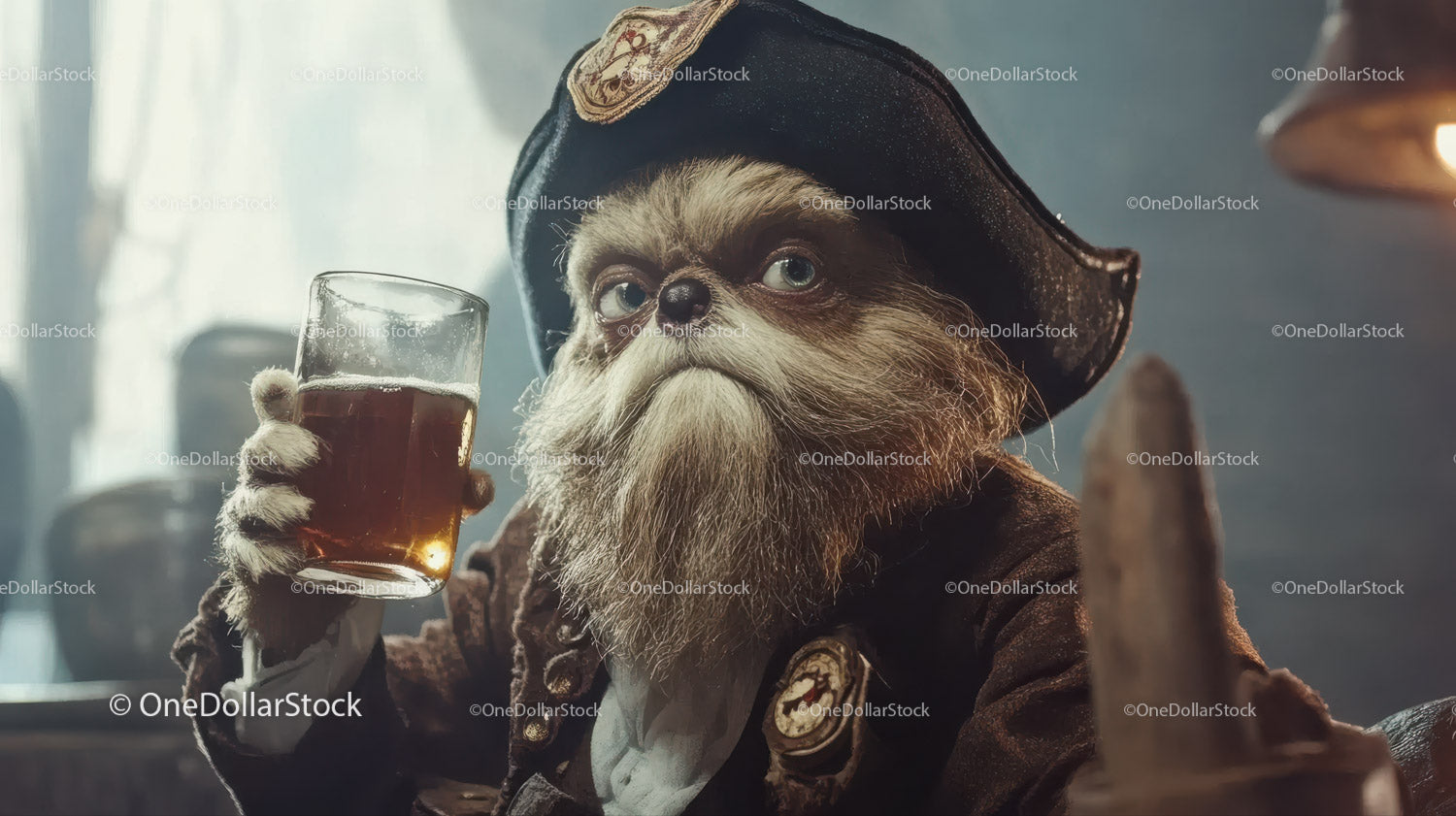Cute Gorilla Pirate Holding Beer with Pirate Hat and Furry Face
