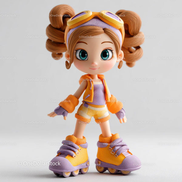 Cute Girl Doll Wearing Orange Roller Skates