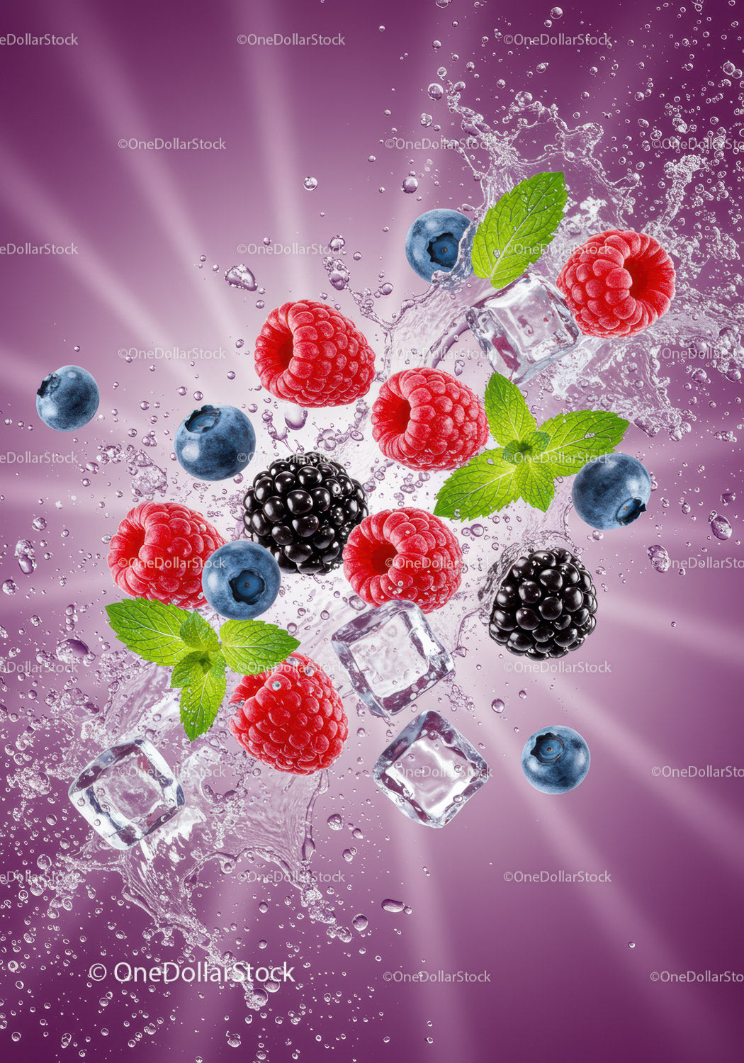 Fresh Mixed Berries Splash with Ice and Mint Leaves