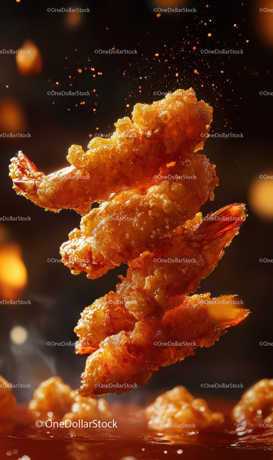 Golden Crispy Fried Shrimp in Close-Up with Splashing Oil