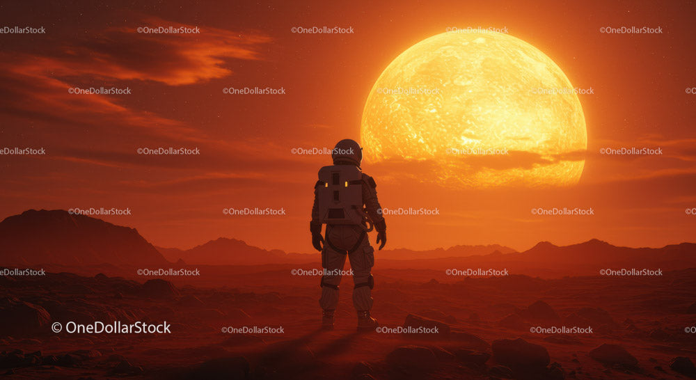 Astronauta stojący na powierzchni Czerwonej Planety z gigantycznym słońcem na niebie