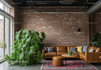 Modern Lounge Area with Leather Sofa and Large Indoor Plant in Brick-Walled Room