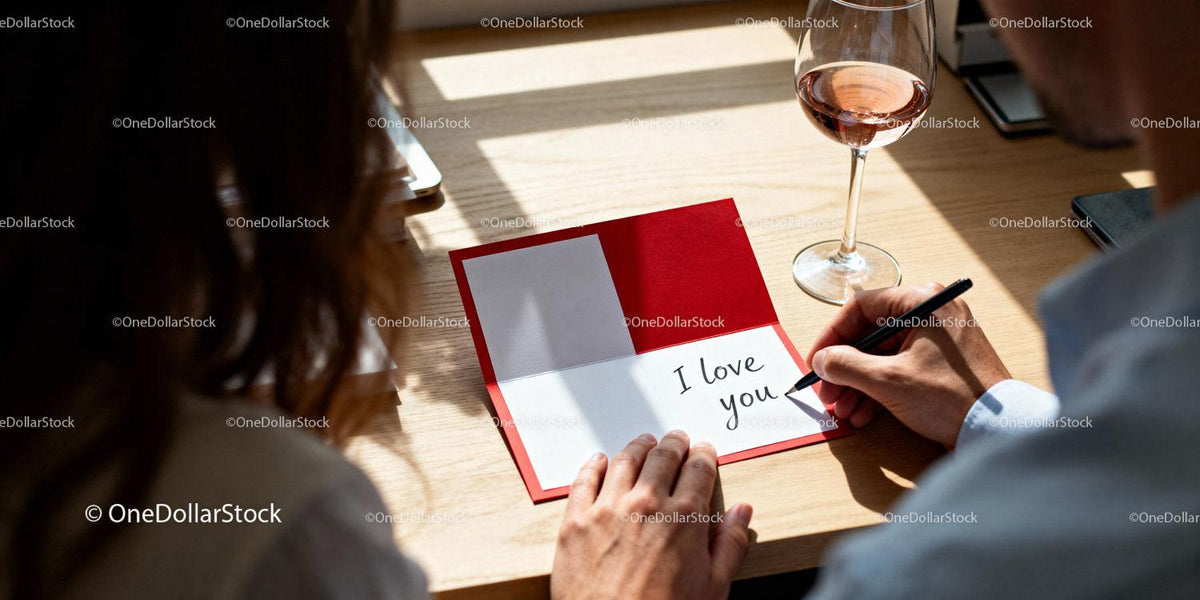 Couple sharing a romantic moment with love card
