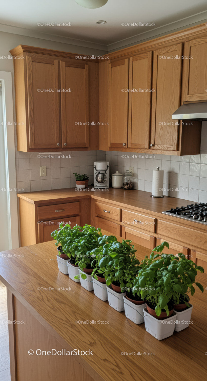 Cozy Kitchen with Wooden Cabinets and Fresh Basil Plants