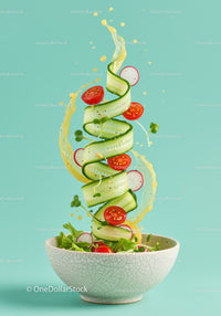 Fresh vegetable salad with dressing splash