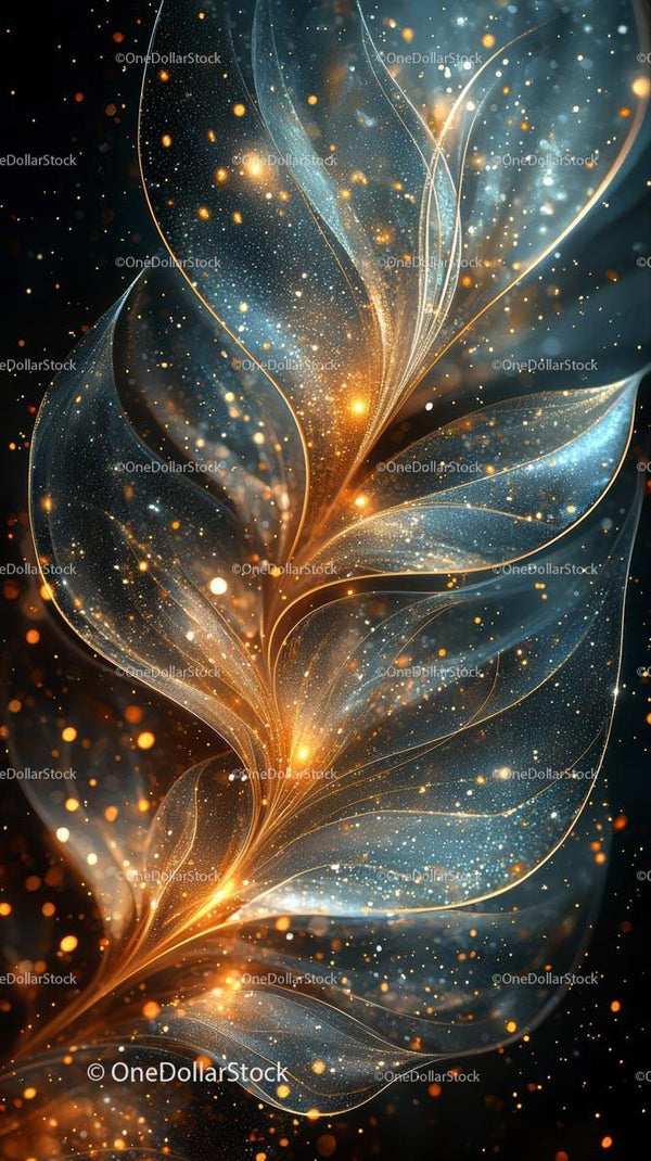 Glowing Leaf Shapes with Sparkling Cosmic Dust for Abstract Art