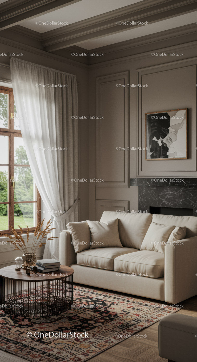 Elegancki salon z beżową sofą i klasycznym wystrojem