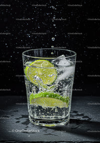 Refreshing sparkling water with lime slices and ice cubes