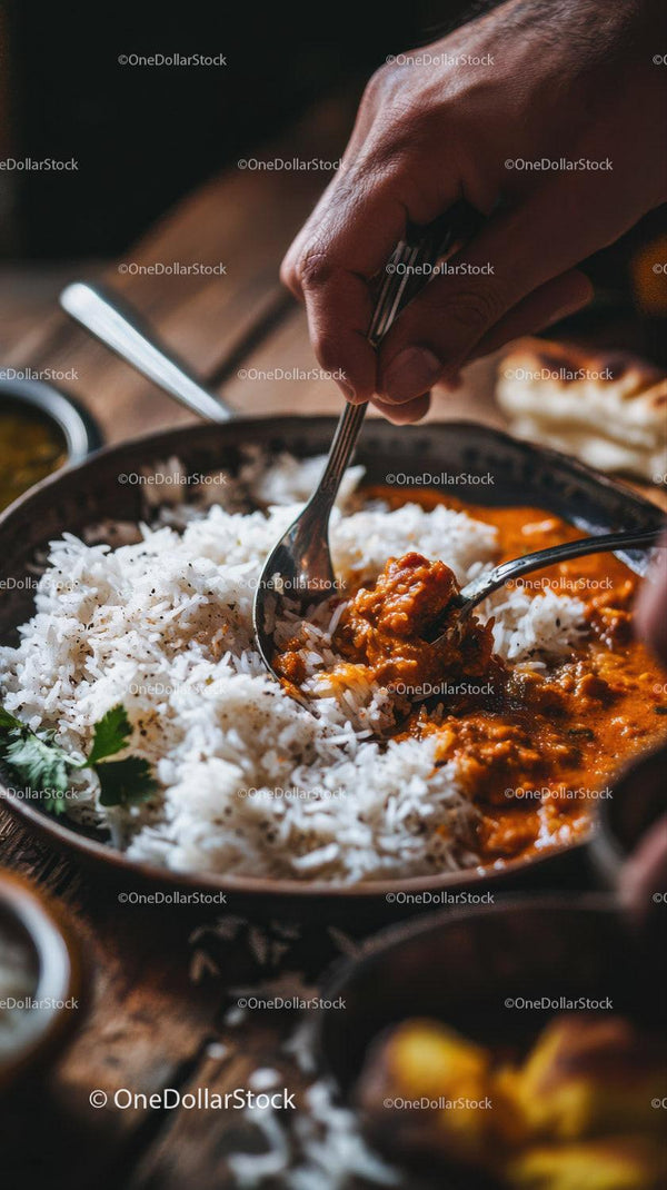 Spicy Curry with White Rice on Rustic Wooden Table