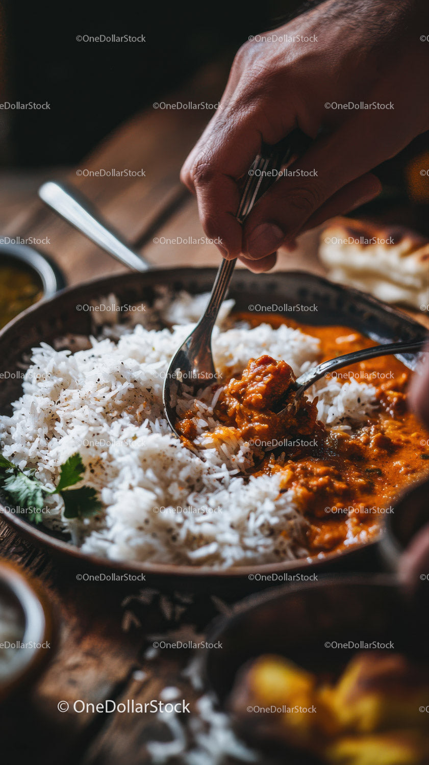 Spicy Curry with White Rice on Rustic Wooden Table