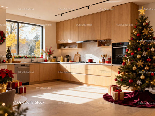 Bright modern kitchen decorated for Christmas celebration