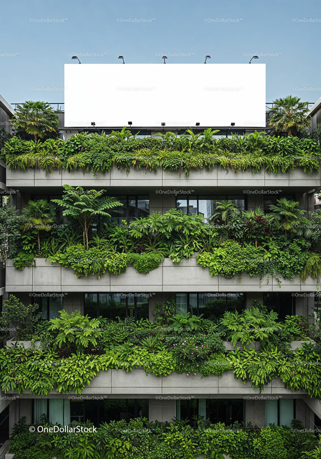 Urban building facade covered with lush green plants