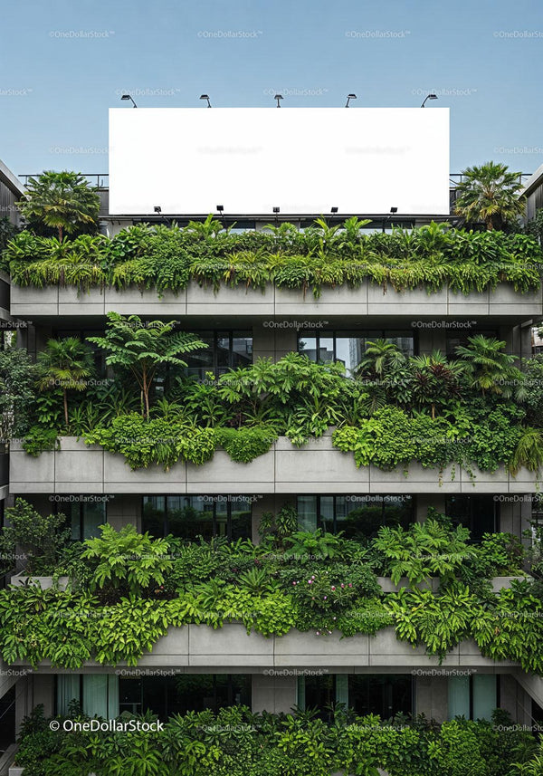 Urban building facade covered with lush green plants JPG Mockup Image