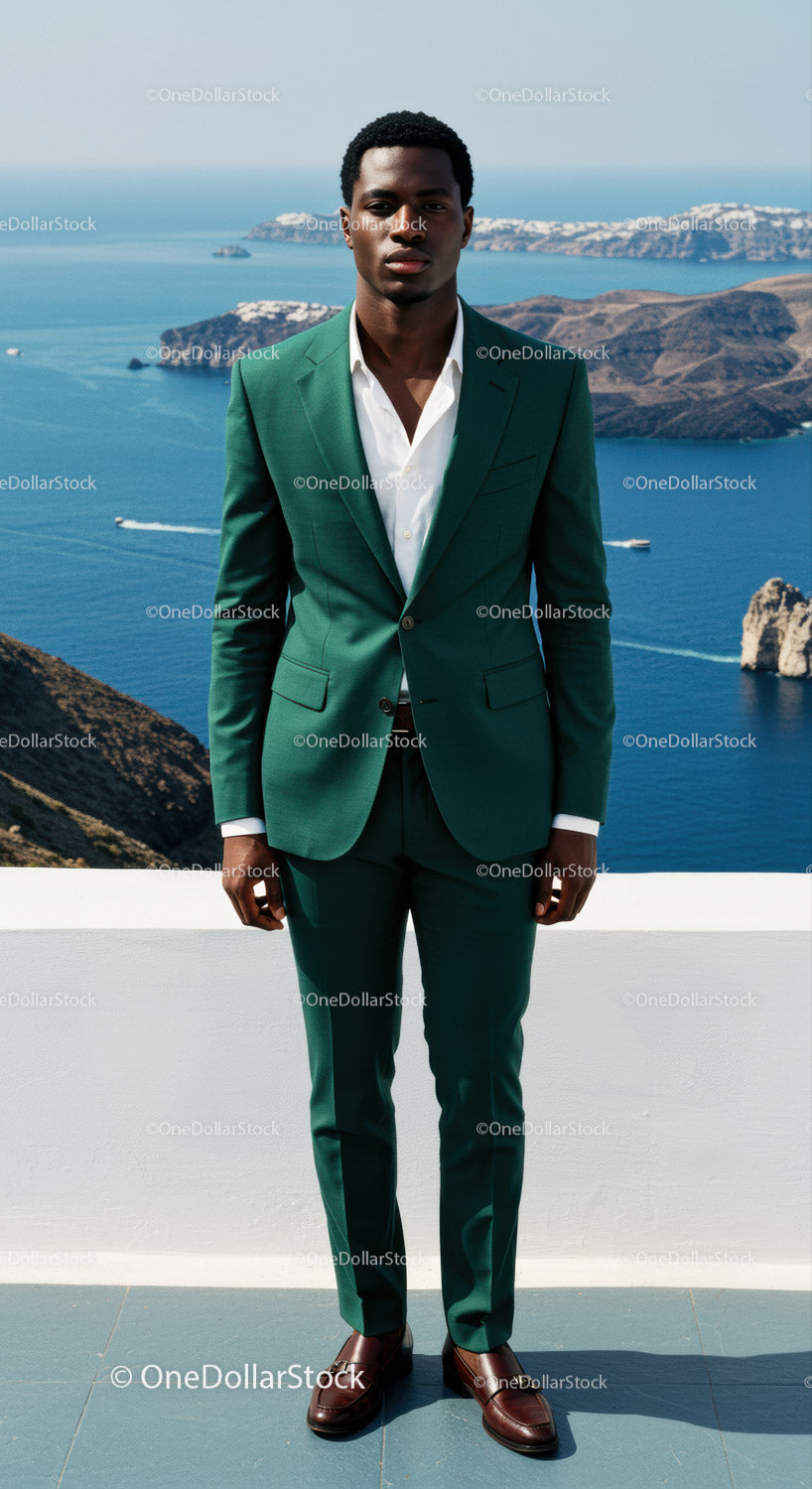 Confident man in green suit on scenic coastal terrace