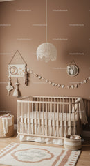Neutral Nursery with Baby Crib and Wall Decorations in Cozy Scandinavian Style