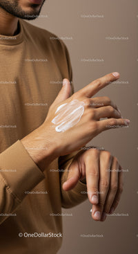 Close-up of Man Applying Hand Lotion with Skincare Product in Focus