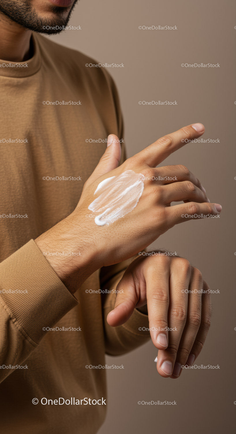 Close-up of Man Applying Hand Lotion with Skincare Product in Focus