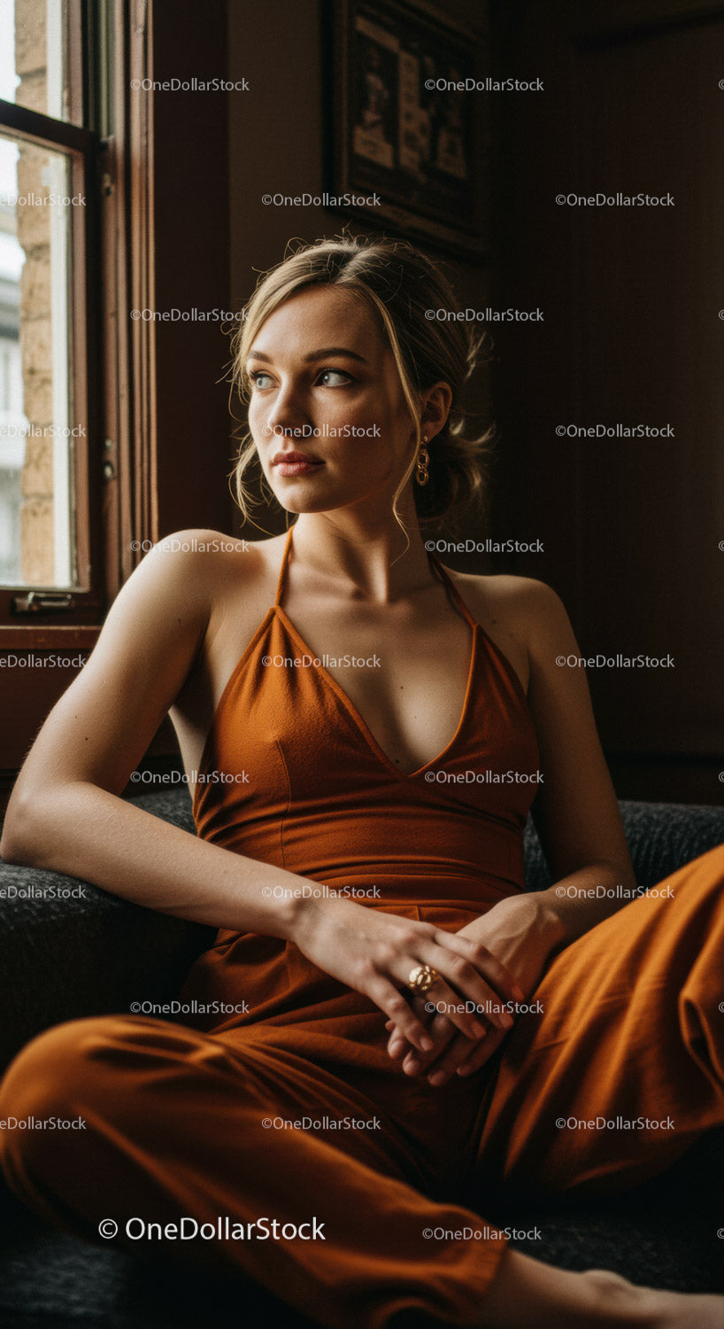 Stylish Young Woman Sitting by Window in Cozy Interior