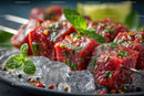 Marinated Beef Skewers with Fresh Mint on Ice