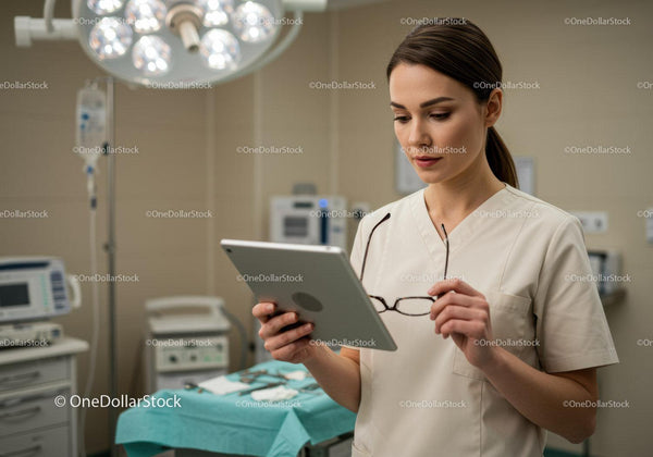 Kobieta pracująca w ochronie zdrowia korzystająca z tabletu cyfrowego w nowoczesnym szpitalu
