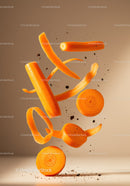Fresh carrot slices and peels in midair with soil