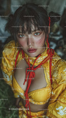 Young Woman in Vibrant Yellow Kimono with Wet Hair and Expressive Gaze