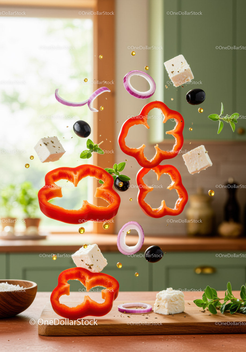 Fresh Mediterranean Salad Ingredients Floating in Kitchen