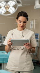 Professional Female Nurse Analyzing Data on Tablet in Hospital
