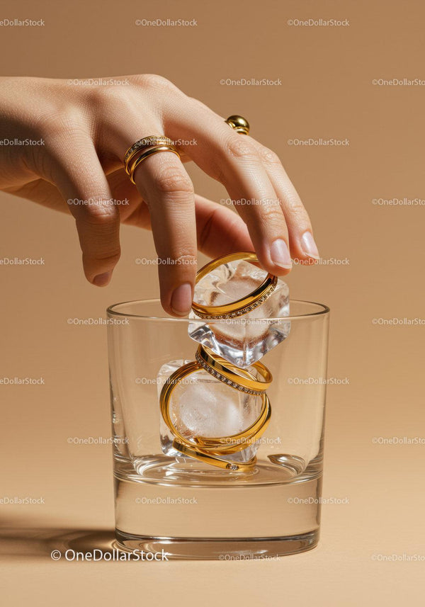 Hand Placing Gold Rings on Ice Cubes in Glass