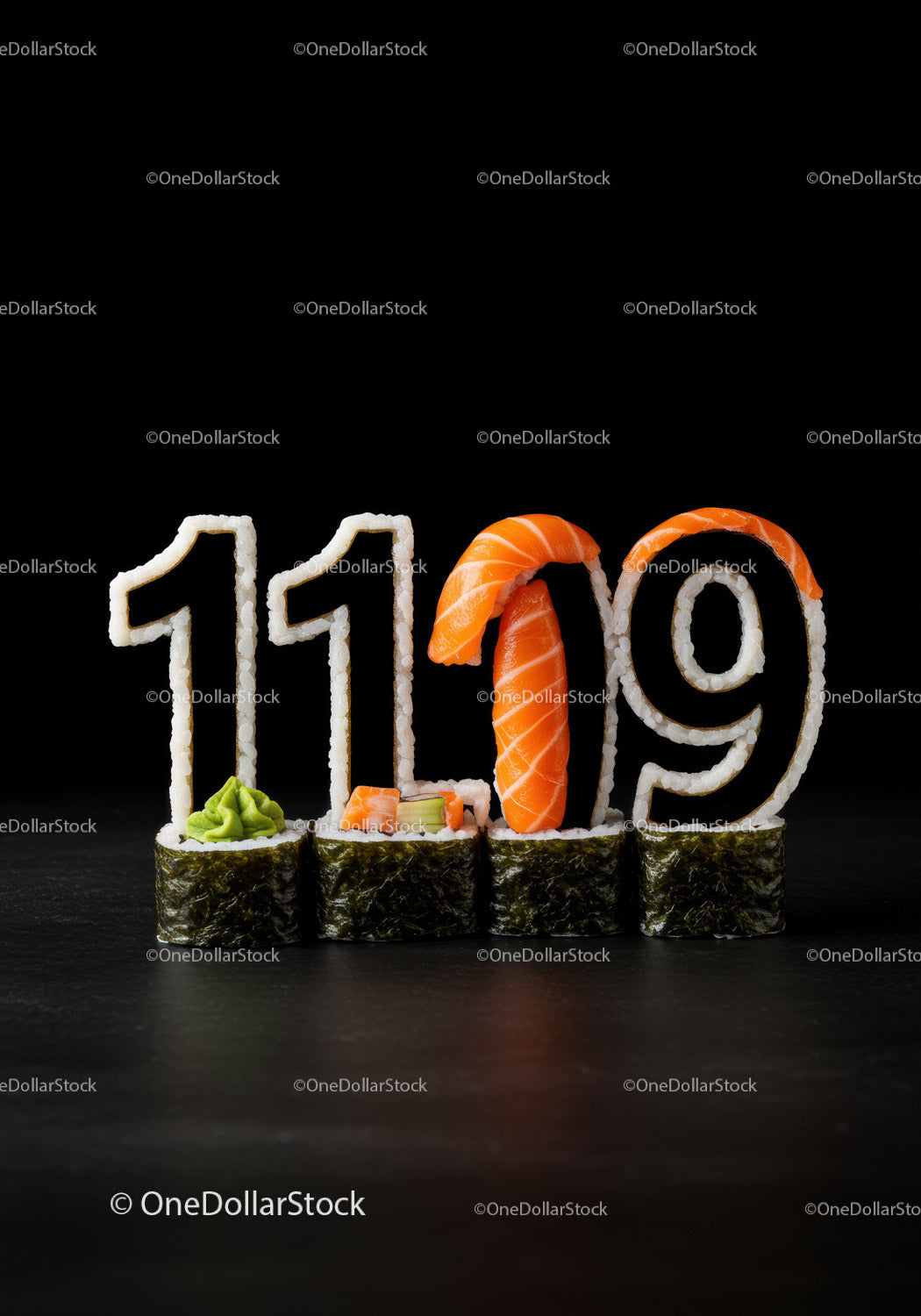 Creative sushi pieces shaped as numbers on black surface