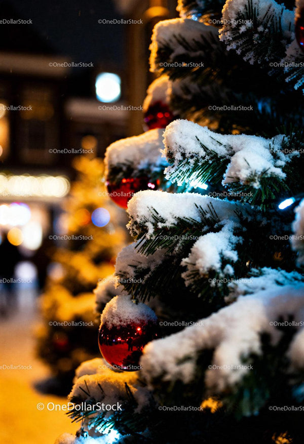 Snow-covered Christmas tree with glowing red baubles
