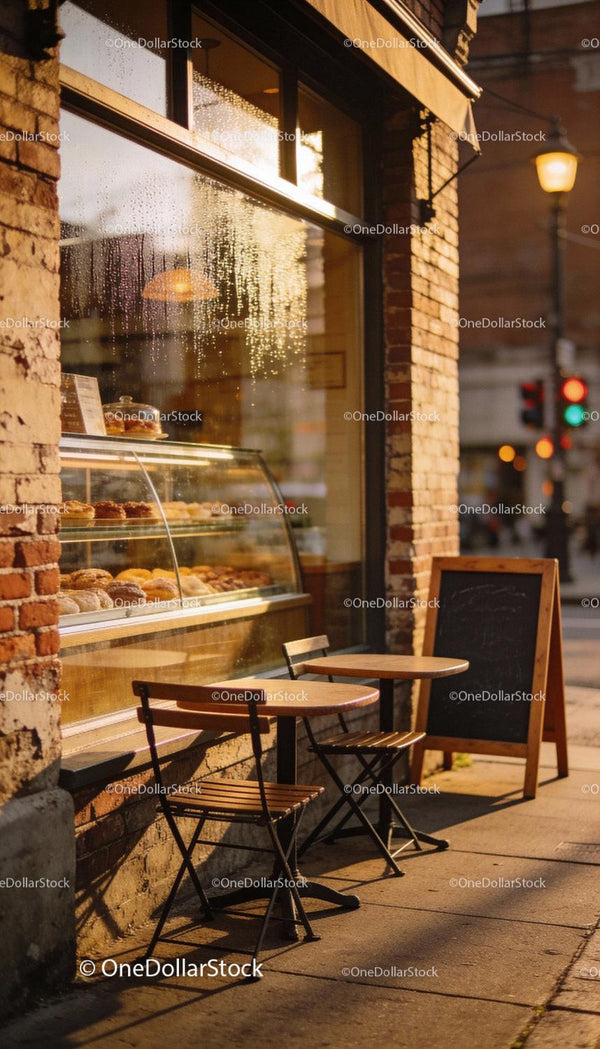 Cozy outdoor seating at bakery cafe in golden hour