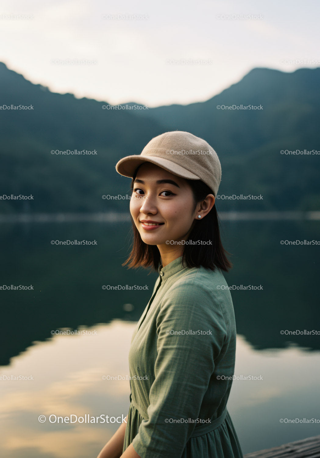 Young Woman in Green Dress Wearing Beige Cap Near Lake Landscape