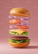 Creative floating cheeseburger ingredients on pink background