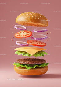Creative floating cheeseburger ingredients on pink background