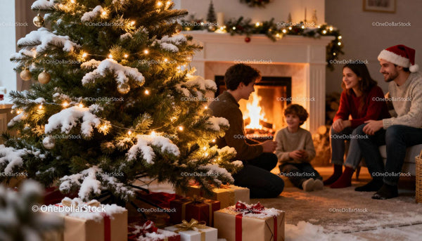 Family Enjoying Cozy Christmas Evening by Fireplace
