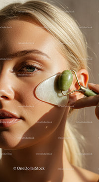 Close-up of Woman Using Jade Roller for Facial Skincare and Beauty