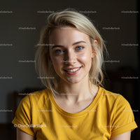 Young Woman with Bright Smile and Blonde Hair in Casual Yellow T-Shirt