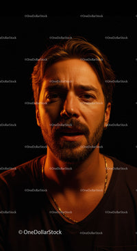 Thoughtful man illuminated by warm soft light in dark