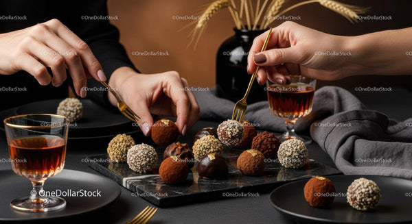 Assorted Gourmet Chocolate Truffles on Black Slate with Elegant Setting