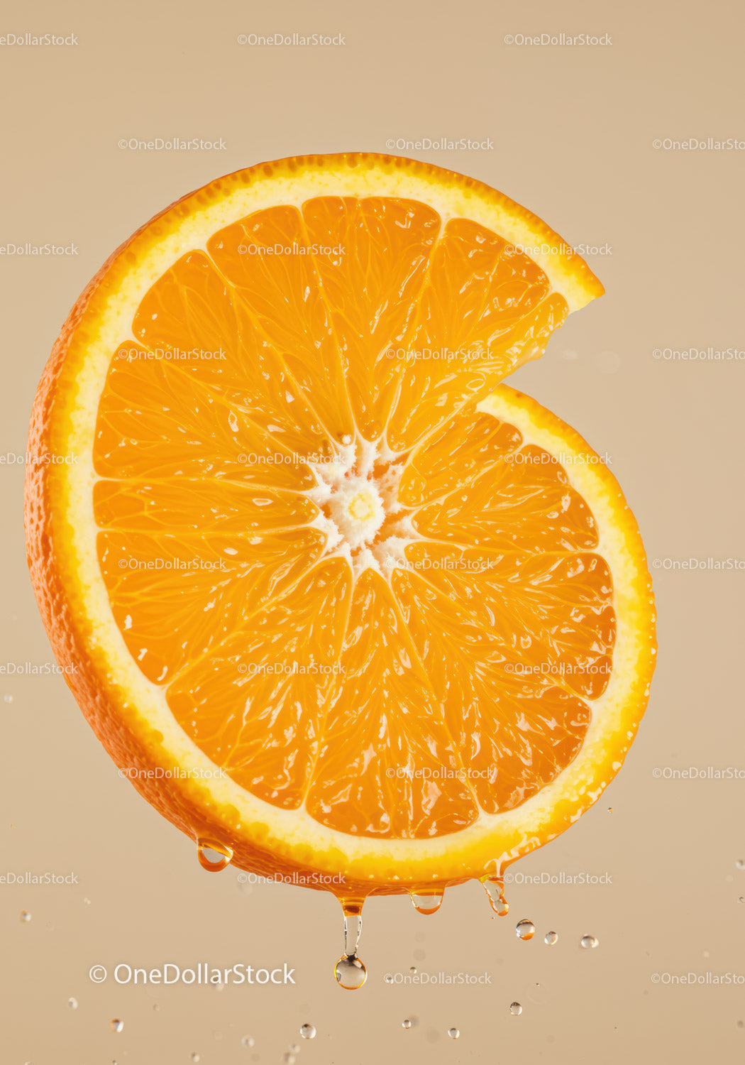 Fresh Orange Slice with Juicy Water Droplets