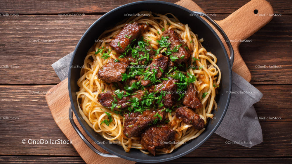 Beef Stroganoff with Pasta Garnished with Fresh Herbs on Rustic Table