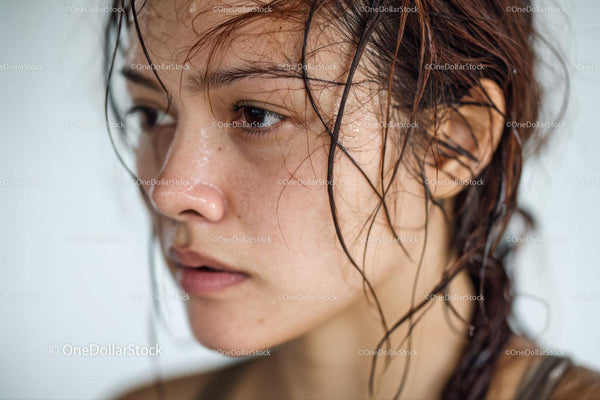 Close-up of a Wet-Haired Woman with Freckles and Natural Skin